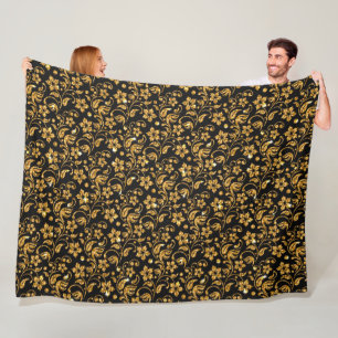 Gold Black Glossy Floral Fleece Blanket