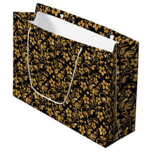 Gold Black Glossy Floral Large Gift Bag