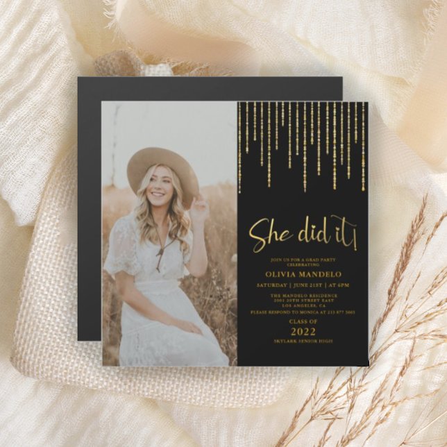 Gold & Black Grad Party Photo Magnetic Invitation  (Creator Uploaded)