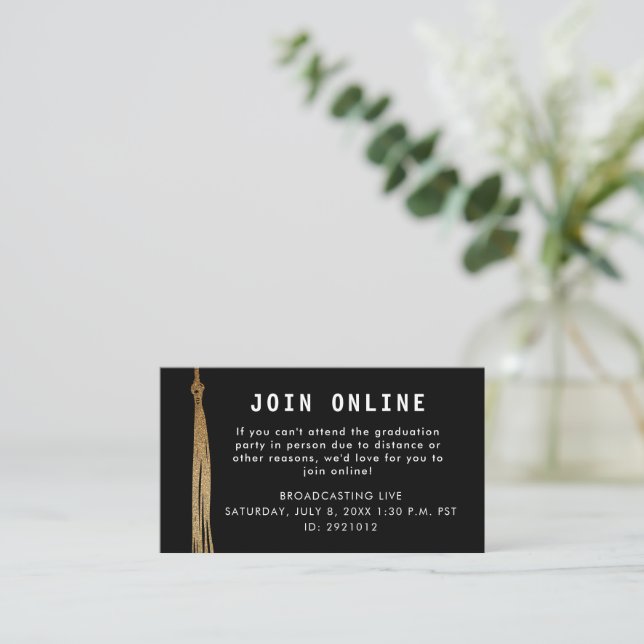 Gold Black Grad tassel graduation join us online Enclosure Card (Standing Front)