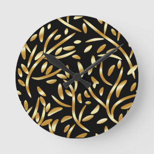 Gold Black Gradient Leaves Botanical Floral Patter Round Clock