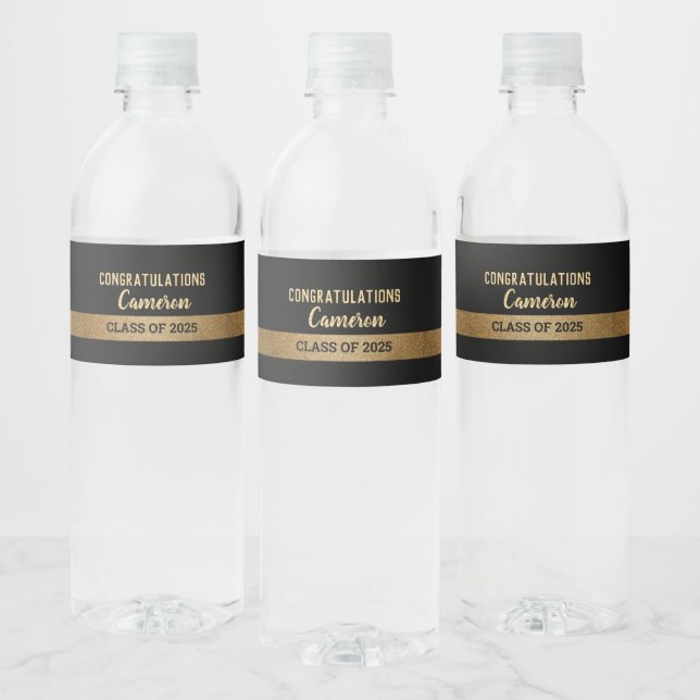 Gold black Graduate personalised Custom Class year Water Bottle Label (Bottles)