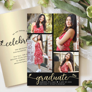 Gold Black Graduation 4 Photo Calligraphy Hearts Announcement