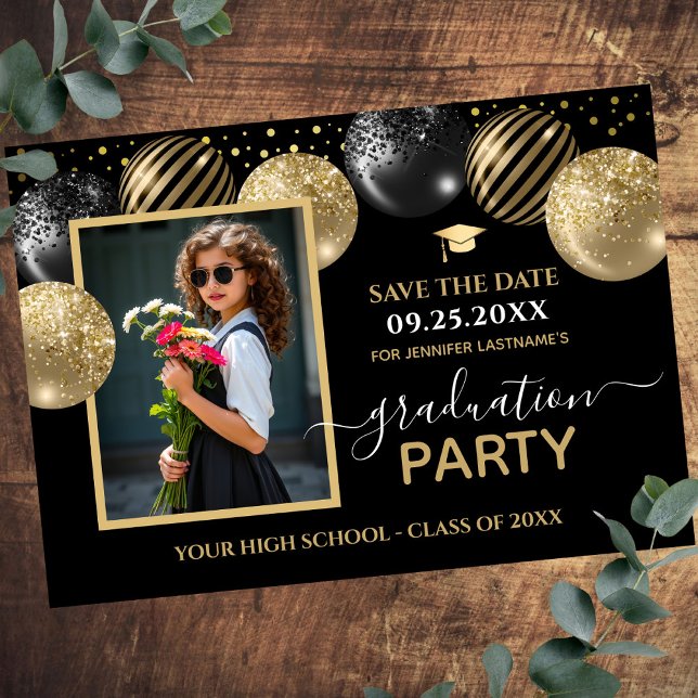Gold Black Graduation Party Photo Save the Date Invitation (Creator Uploaded)