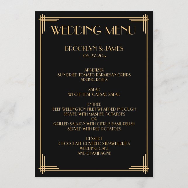Gold Black Great Gatsby Art Deco Wedding Menu (Front)