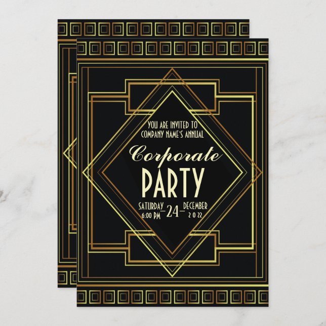 gold black great gatsby Corporate Holiday Party Invitation (Front/Back)