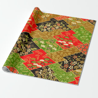 Gold Black Green Japanese Kimono Floral Decoupage Wrapping Paper