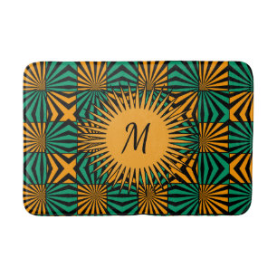 Gold Black Green Modern Geometric Monogram Bath Mat