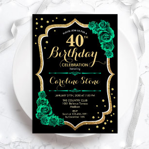 Gold Black Green Roses 40th Birthday Invitation