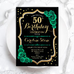 Gold Black Green Roses 50th Birthday Invitation<br><div class="desc">50th Birthday Party Invitation. Elegant floral emerald green design with faux glitter gold,  roses and script font. Perfect for a stylish womens bday celebration. Can be customised for any age! Printed Zazzle invitations or instant download digital printable template.</div>