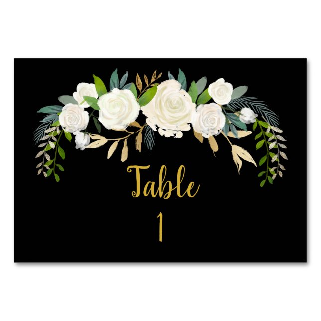 Gold & Black Greenery Fall Wedding Reception Decor Table Number (Front)
