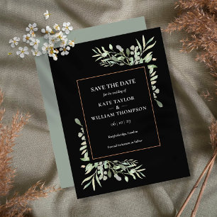 Gold Black Greenery Leaves Wedding Save the Date Invitation Postcard
