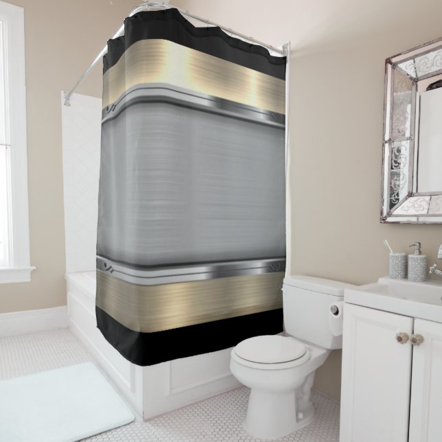 gold, black, grey shower curtain (In Situ)