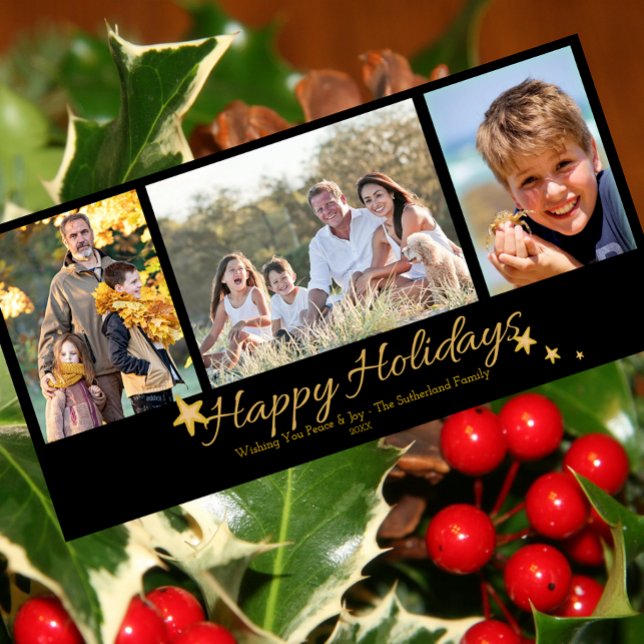Gold & Black Happy Holidays 3 Photo Collage Holiday Card (Creator Uploaded)