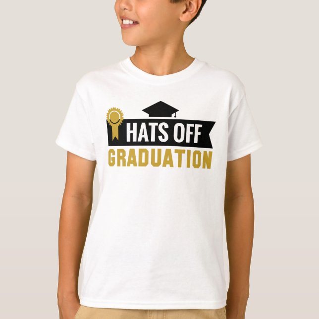 Gold Black Hats Off Graduation Ribbon Boys' T-Shirt (Front)