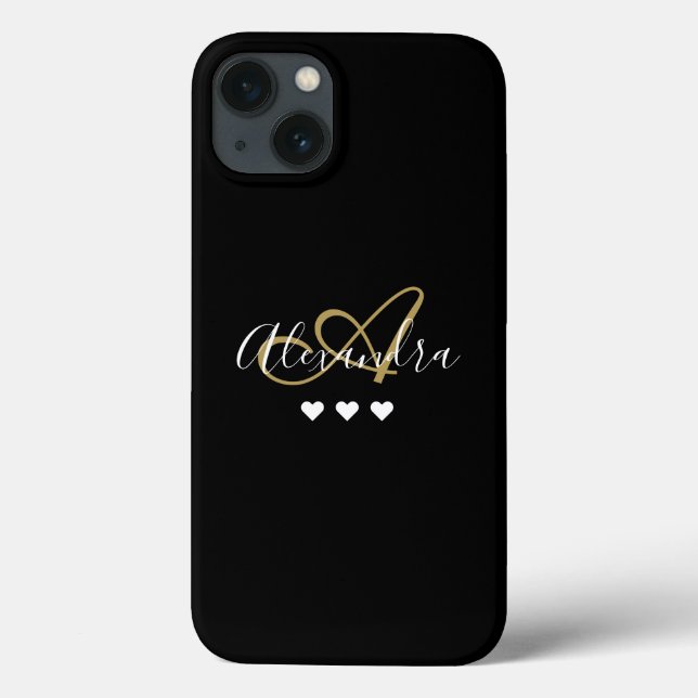 Gold Black Hearts Script Name Monogram Case-Mate iPhone Case (Back)