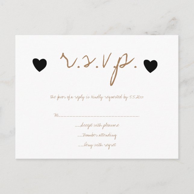 Gold black hearts wedding RSVP cards (Front)