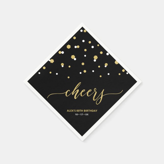 Gold Black Hexagon Confetti Cheers Custom Party Na Napkin (Corner)