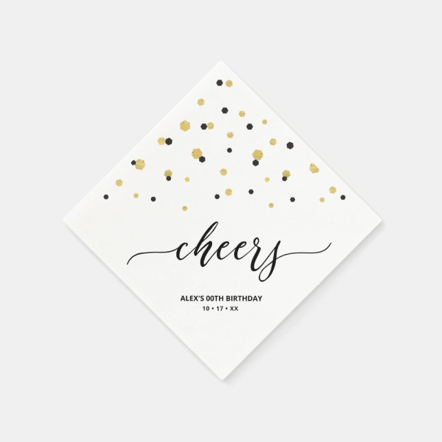 Gold Black Hexagon Confetti Cheers Custom Party Napkin (Corner)