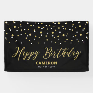 Gold Black Hexagon Confetti Custom Happy Birthday Banner