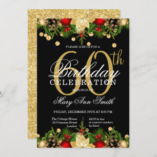 Gold & Black Holiday Glitter 60th Birthday Party Invitation