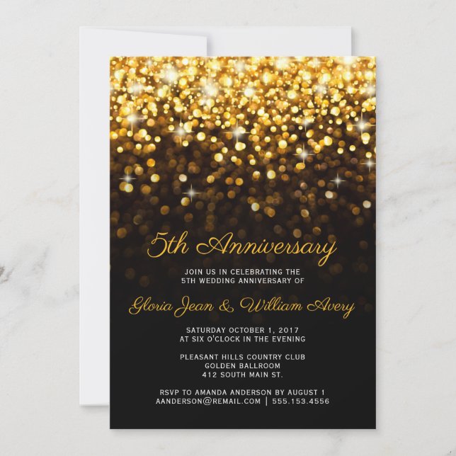 Gold Black Hollywood Glam 5th Wedding Anniversary Invitation (Front)
