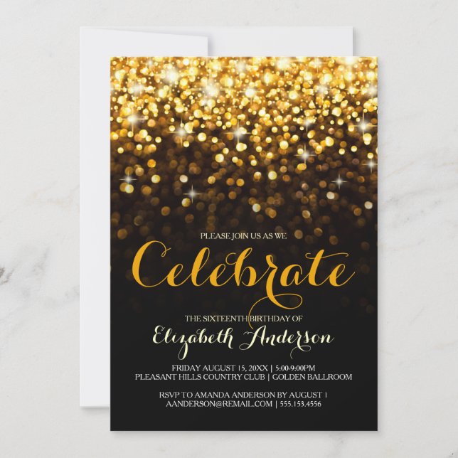 Gold Black Hollywood Glam Sweet Sixteen Invitation (Front)