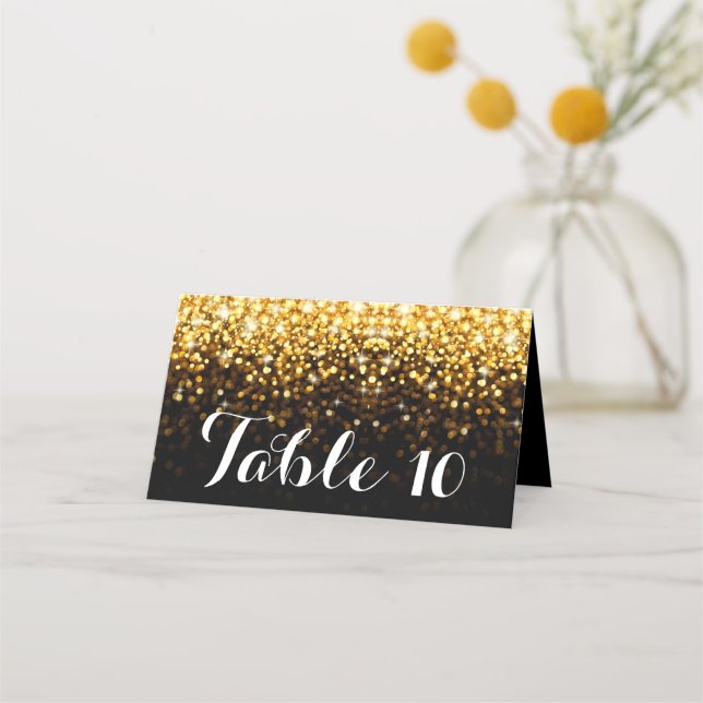 Gold Black Hollywood Glitz Glam Wedding Table Card (Front)