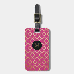 Gold, Black & hot pink quatrefoil Luggage Tag