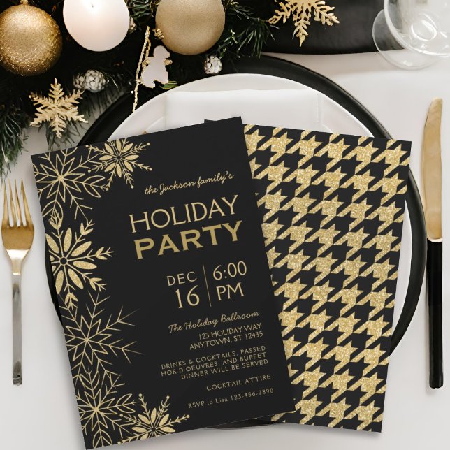 Gold & Black Houndstooth & Snowflakes Holiday Glam Invitation (Creator Uploaded)