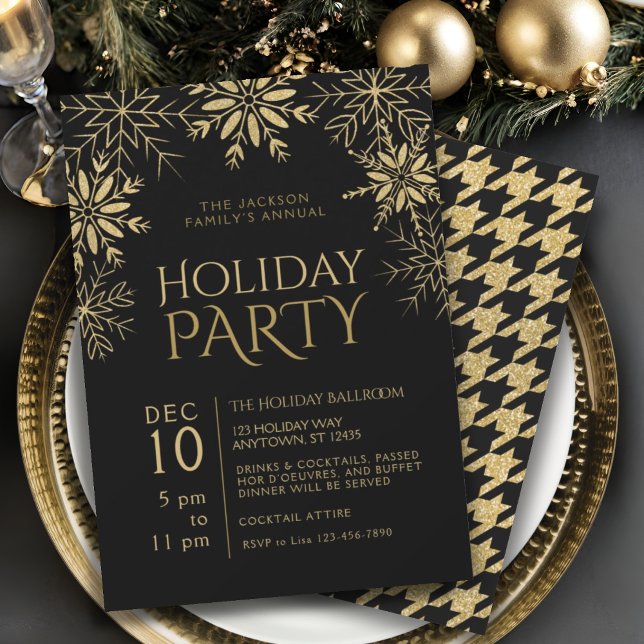 Gold & Black Houndstooth Snowflakes Holiday Glam Invitation (Creator Uploaded)