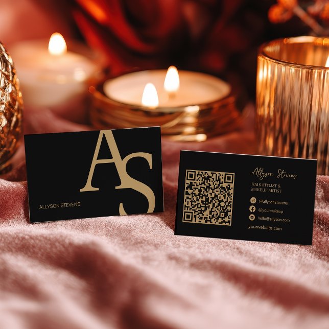 Gold Black Initials Logo Makeup Artist QR Code Business Card (Gold Black Initials Logo Makeup Artist QR Code Business Card)