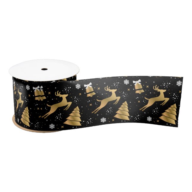 Gold Black Jumping Deer and Modern Tree Satin Ribbon (Spool)