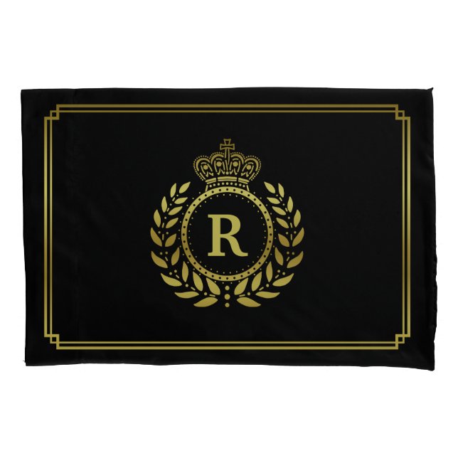 Gold Black Laurel Wreath Crown Monogram Royal Pillowcase (Front)