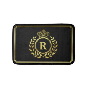 Gold Black Laurel Wreath Crown Royal Monogrammed Bath Mat
