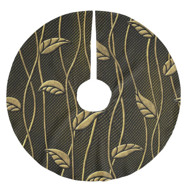 Gold & Black: Leaves 3D Texture. Brushed Polyester Tree Skirt (Front)