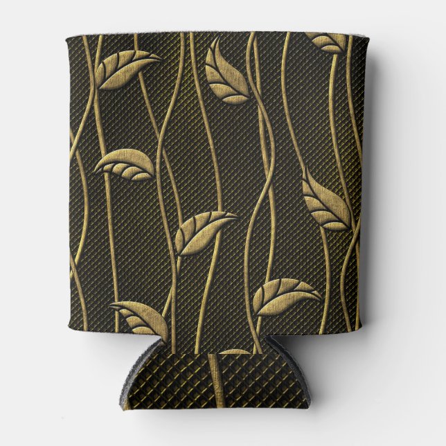 Gold & Black: Leaves 3D Texture. Can Cooler (Front)