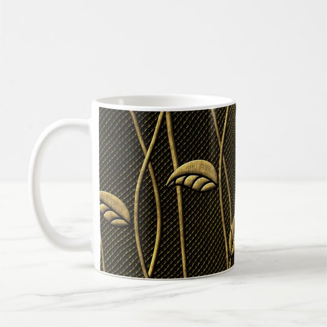 Gold & Black: Leaves 3D Texture. Coffee Mug (Left)