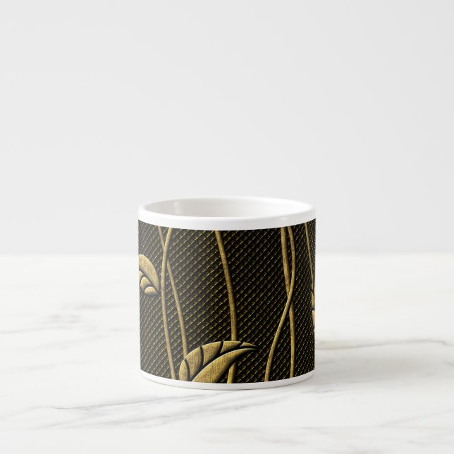 Gold & Black: Leaves 3D Texture. Espresso Cup (Front)