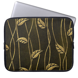 Gold & Black: Leaves 3D Texture. Laptop Sleeve