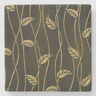 Gold & Black: Leaves 3D Texture. Stone Coaster