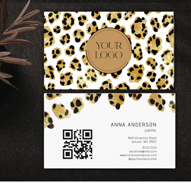 Gold Black Leopard Cheetah Custom Logo QR Code Business Card (Creator Uploaded)