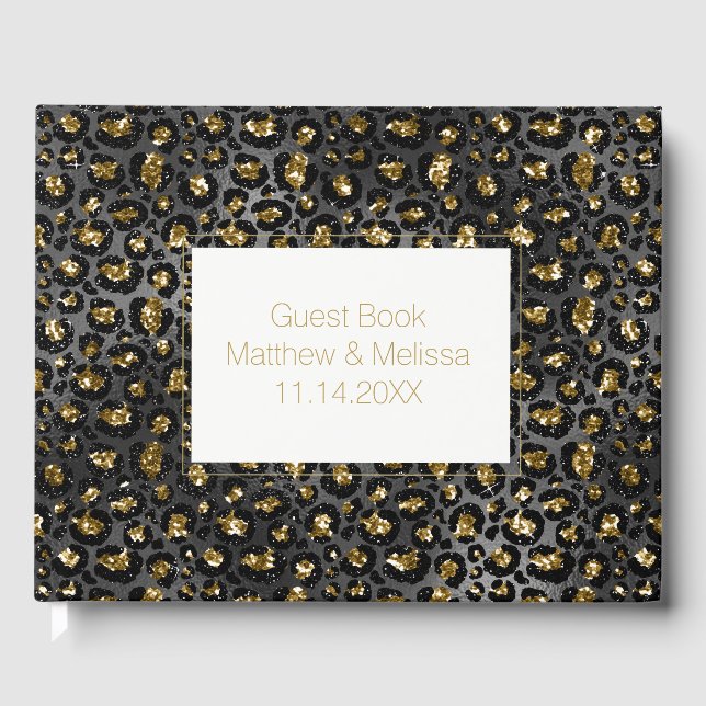 Gold Black Leopard Glitter Wedding Guest Book (Front)