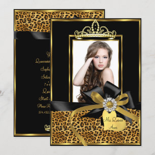 Gold Black Leopard Print & Bow Photo Quinceanera Invitation
