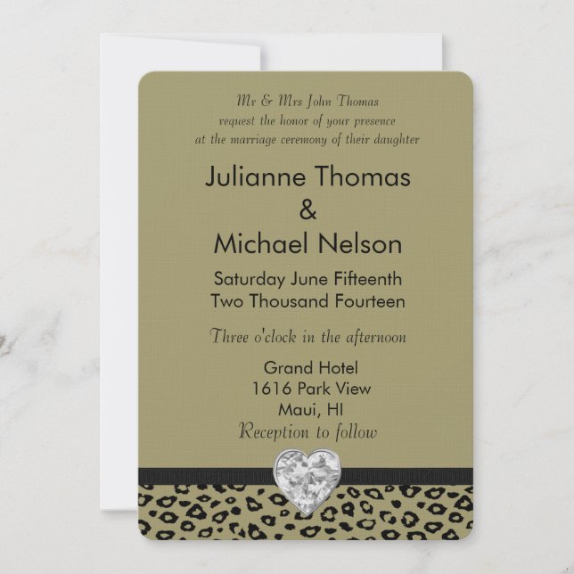 Gold Black Leopard Print Diamond Heart Wedding Invitation (Front)