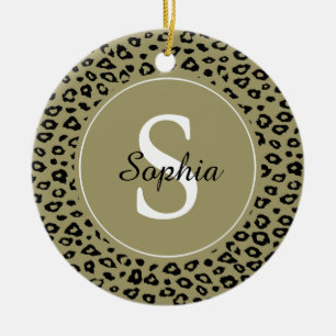 Gold Black Leopard Print Monogram Ceramic Tree Decoration