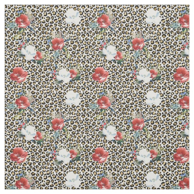 Gold Black Leopard Print Red White Flowers Fabric (Swatch)