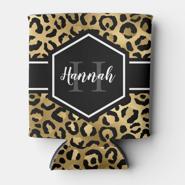 Gold Black Leopard Spots Monogram Can Cooler (Front)