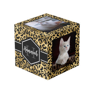 Gold Black Leopard Spots Monogram Cube