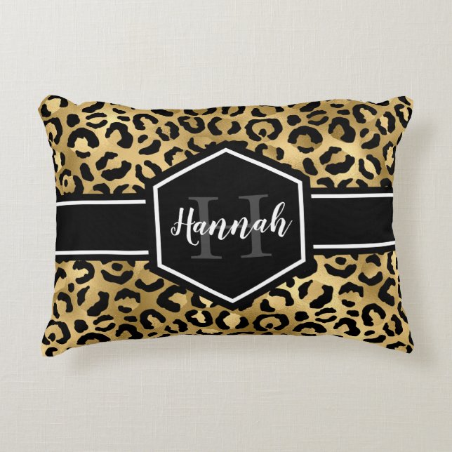 Gold Black Leopard Spots Monogram Decorative Cushion (Front)